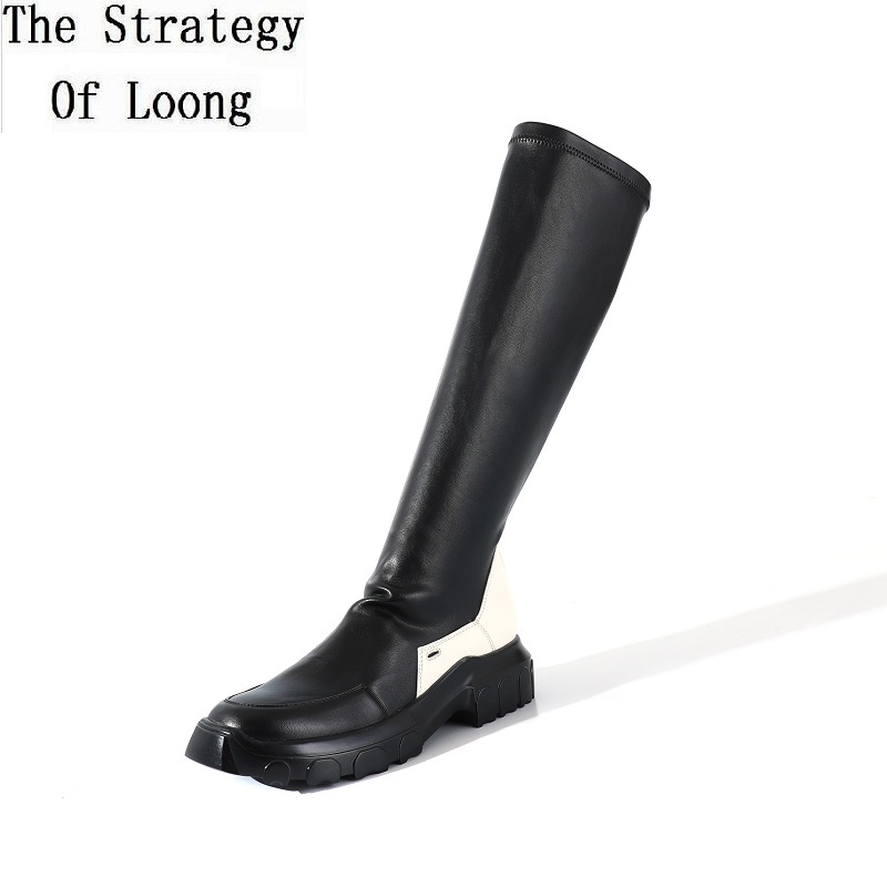 

European America Style New Retro Slim Mixed Colors Platform Genuine Leather Women Long Boots Ladies Knee-High Botas 20200812, Black