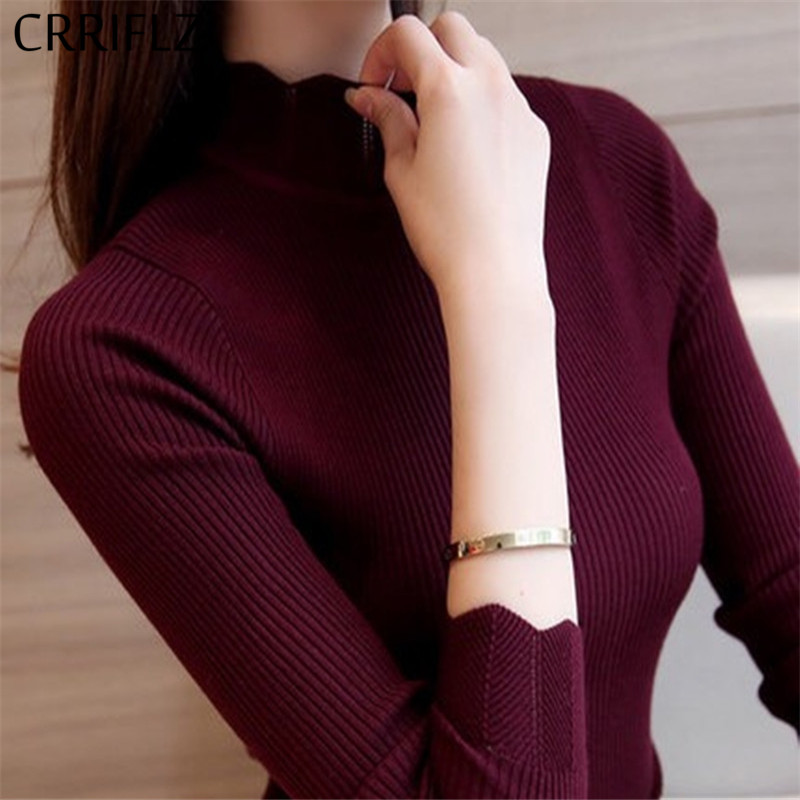 

autumn winter new women's long-sleeved solid pullover sweater women's lotus leaf collar hollow out slim bottoming shirt sweater, Black
