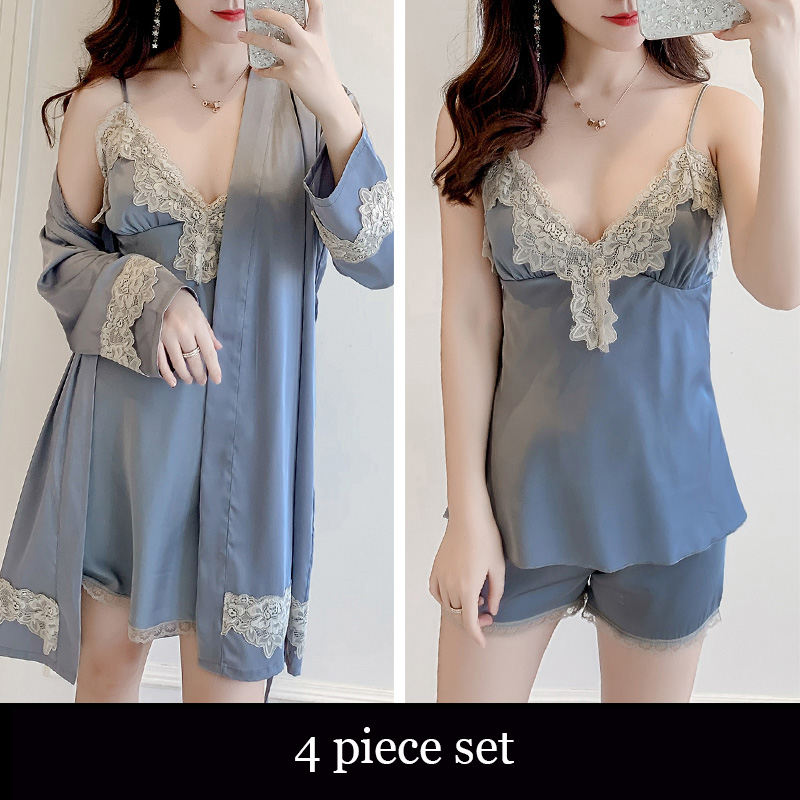 

Summer Sexy Women 5PCS Nightwear Nightdress Casual Sleep Set Bathrobe Gown Satin Lace Robe Kimono Gown Silky Intimate Lingerie, Pink-2pcs