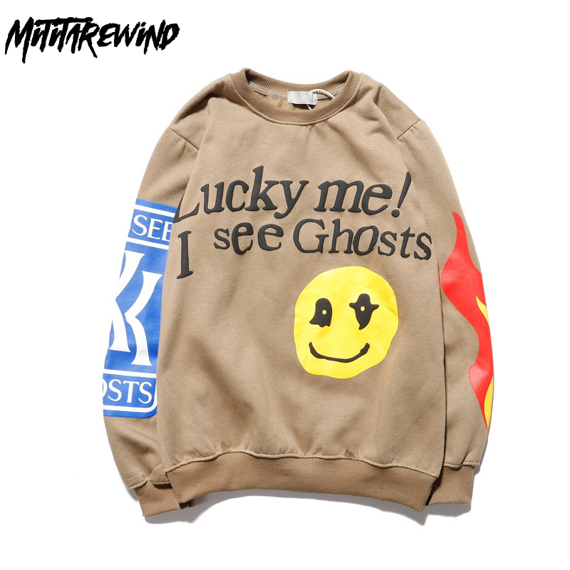 

KANYE Smiley flame print crew neck sweatshirt for men and women, men's velvet hoodie, Approximate picture color