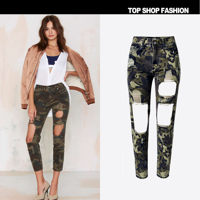 

New Ripped Hole Loose Ladies Camouflage Jeans Women High Waist for Women Denim Jeans Straight Pantalones Mujer