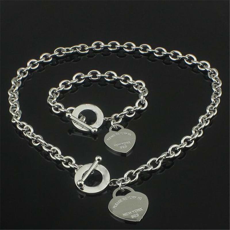 

Christmas Gift 925 Silver Love Necklace+Bracelet Set Wedding Statement Jewelry Heart Pendant Necklaces Bangle Sets 2 in 1, Silver tone