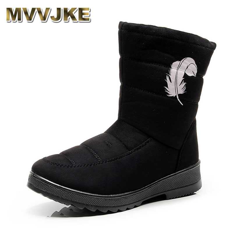 

MVVJKEWomen snowboots warm winter cotton shoes with high leather ladies ankle boots mother footwear feather pattern Dropshipping, Black