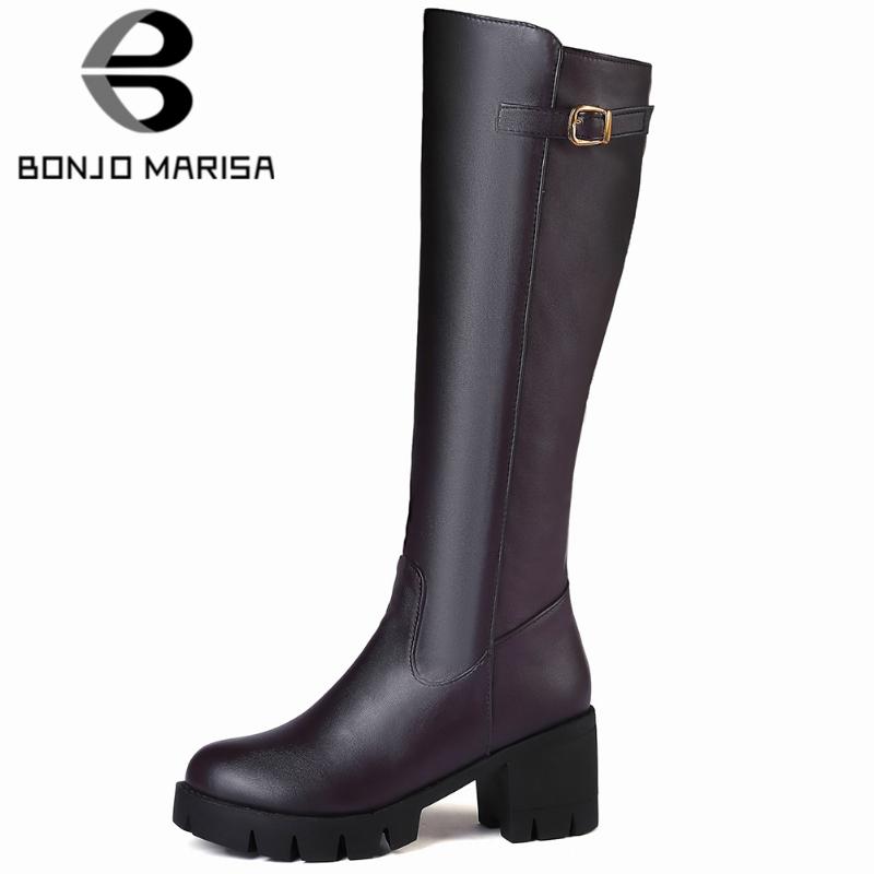 

BONJOMARISA Brand Female Solid Metal Buckle Round Toe Platform High Heels Designer Boots Women Winter Casual Shoes Woman, Black