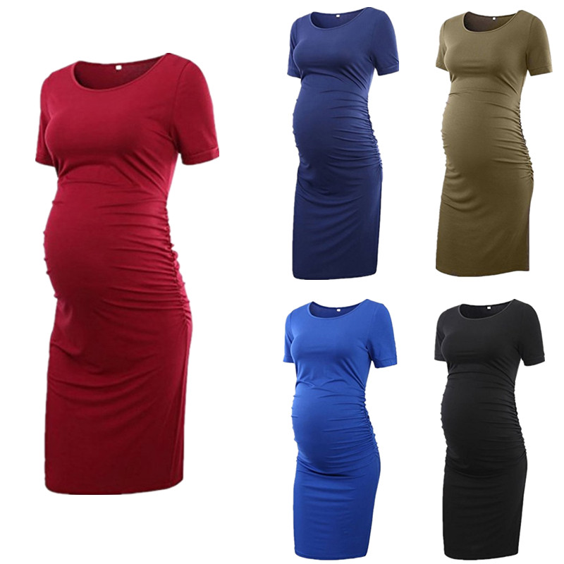 

Women's Side Ruched Maternity Clothes Bodycon Dress Mama Casual Short Sleeve Wrap Dresses Womens Clothing Plus Size, Red-2