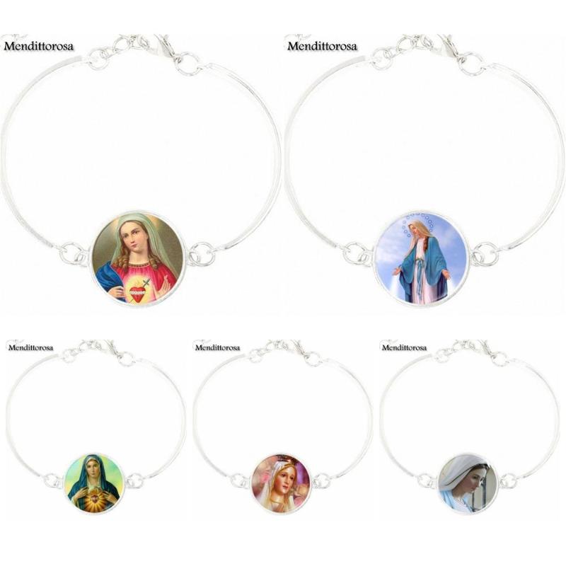 

Virgin Mary Religious Catholic Vintage Jewelry Silver Color Glass Cabochon Bracelet Bangle For Women Gift
