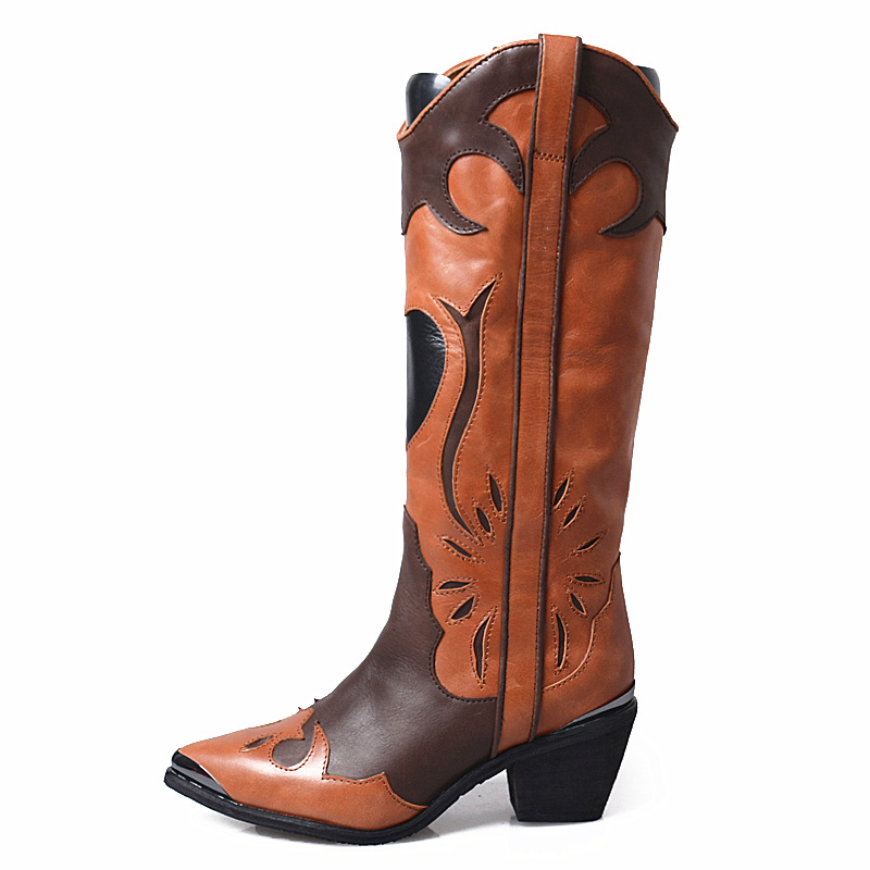 

Luxury Genuine Leather Long Boots Women Pointed Toe Thick Heels Thigh High Boots Fashion Street Mixed Color Over The Knee, Black