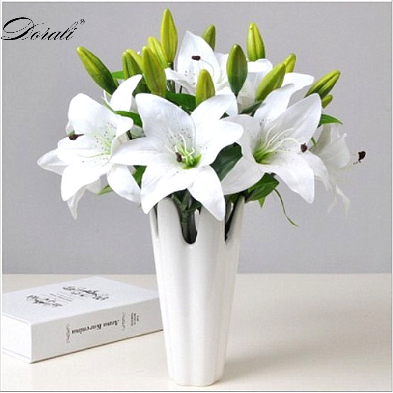 

DIY 3 Heads Real Touch Artificial lily Flores Wedding Bridal fake Holding flowers Bouquet Plants white lily Home Party Decor, 38cm short