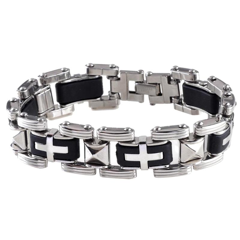 

Men's Silver Color Cross Stainless Steel Black Rubber Bracelet Bangle Wristband