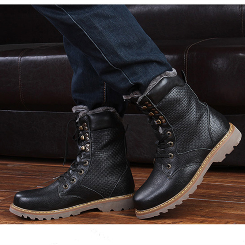 

Men High Quality Genuine Leather with fur Boots Fashion Men Boots Outdoor warm Shoes winter Ankle plush big size 38-48, Black