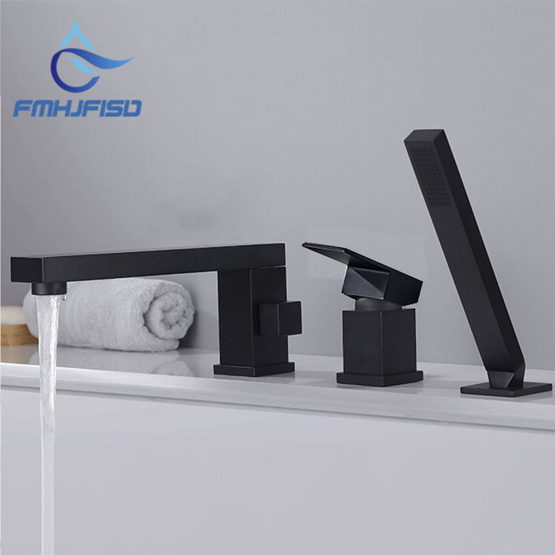 

Blacked Bathroom Faucet Deck Mounted 360 Rotating Sink MixerTap three Holes Hot and Cold Water Widespread Pull out handheld