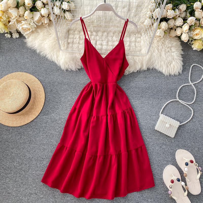 

Fashion Summer Spaghetti Strap Dress Women Slim Sexy V-neck Backless Beach Dresses Vestidos Mujer Korean Woman Casual Red Robe