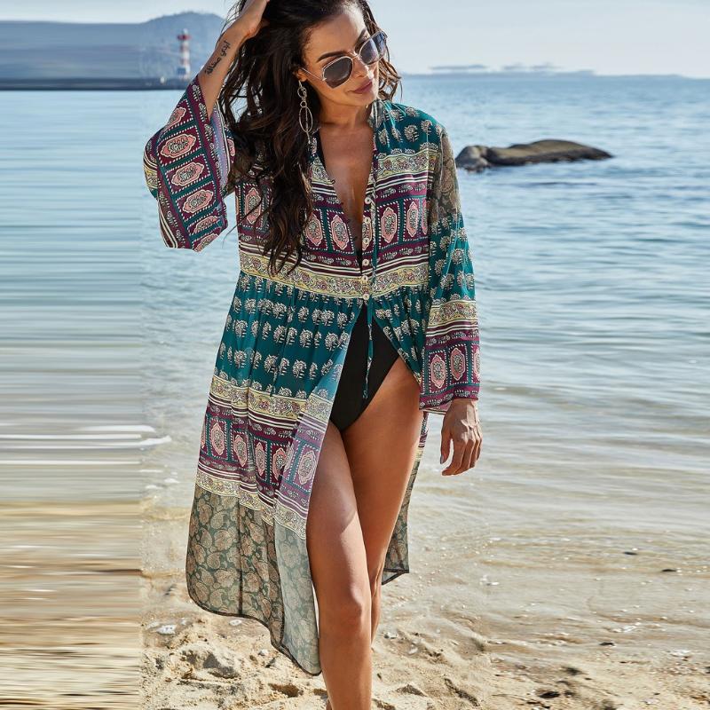 

Women Dolman Sleeve Floral Print Patchwork Chiffon Kimono Bathing Suit Pareo Cover Up Beach Wear robe de plage saida de praia, Green