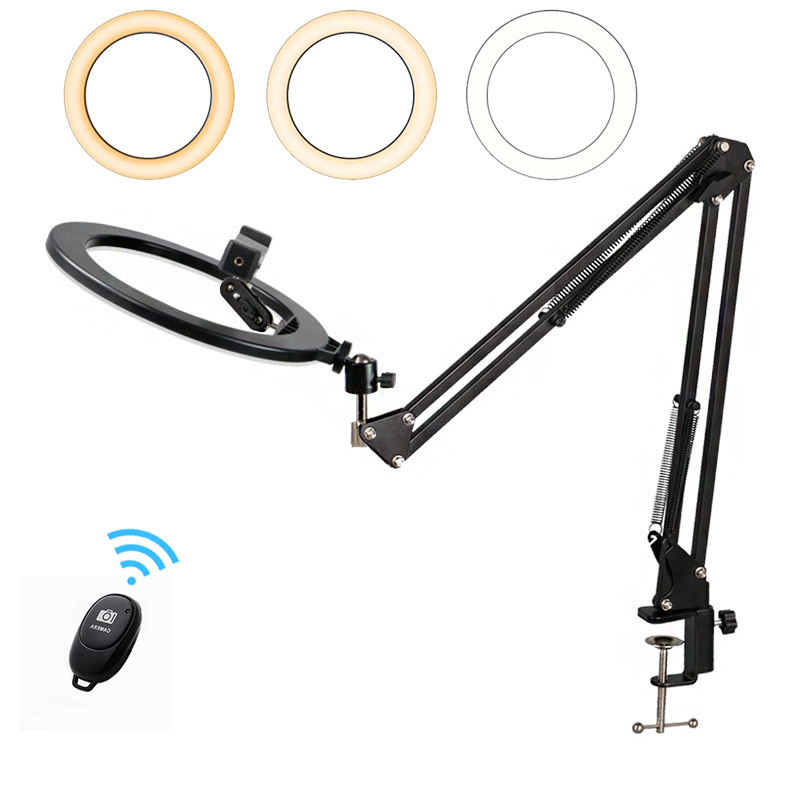 

26cm Selfie Ring Light With Long Arm Stand Remote Control Phone Clip Photography Lighting Ring Lamp For Makeup YouTube Tik tok