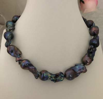 

stunning 25-28mm tahitian baroque black blue pearl necklace 18inch 36