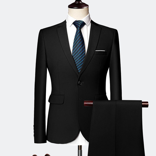 

2020 Men's High Quality Business Loose-fitting Solid Two-button Men Suit for Business Groom Slim Fit Jacket Pant 2 Piece Set, Black
