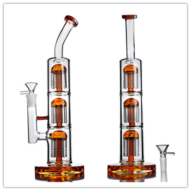 

Orange Triple Arm Tree Perc Recycler Glass Bong Smoking Pipe Pyrex Hand Pipe Dry Herb Handle Glass Recycler Dab Rig Hookah with Bowl