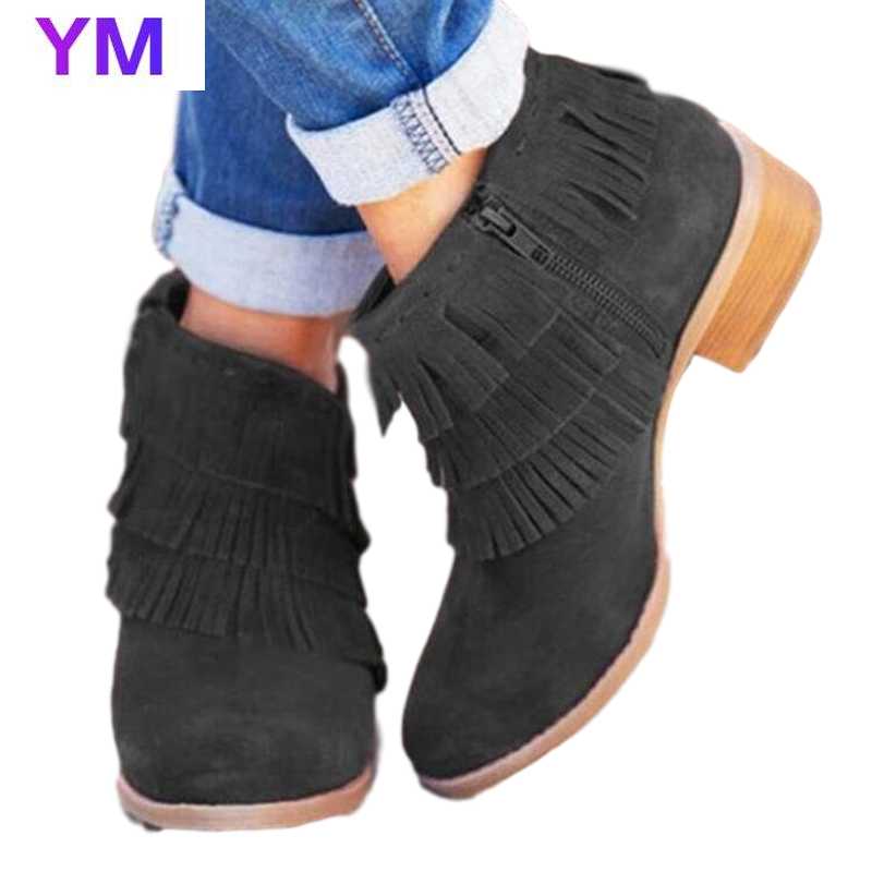 

2020 New Autumn Winter Women Shorts Boots Round Toe Low Heel Side Zipper Fringe Retro Fashion Tassel Ankle Booties Party Shoes, Black