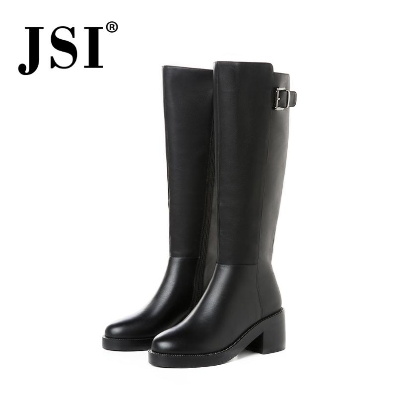

JSI Winter Women Boots Round Toe Knee-High Ladies Shoes Genuine Leather Solid High Heels Square Heel Zipper Boots Women jo318, Black