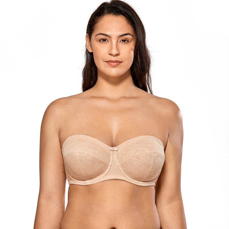 

Women's Sexy Floral Lace Unlined Convertible Support Underwire Strapless Bra Plus Size Black Beige, Beige02