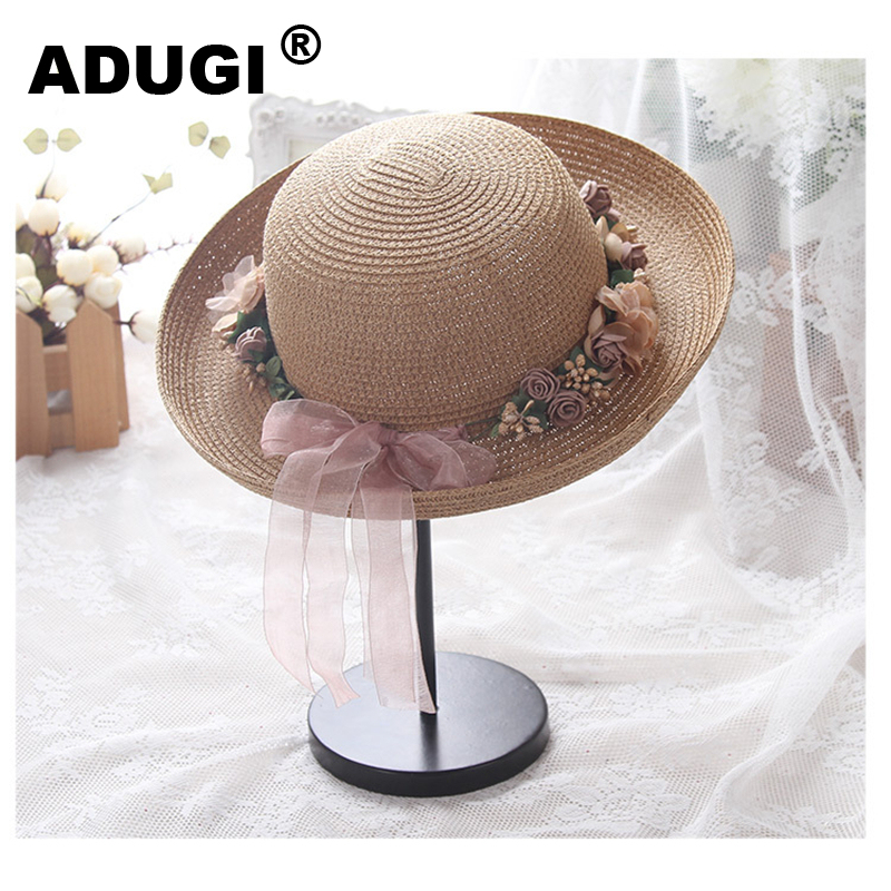 

ADUGI Summer Beautiful Ladies Curling Sun Hat Korean Flower Straw Hat Outdoor Seaside Beach Sun Sunscreen Beach, Beige