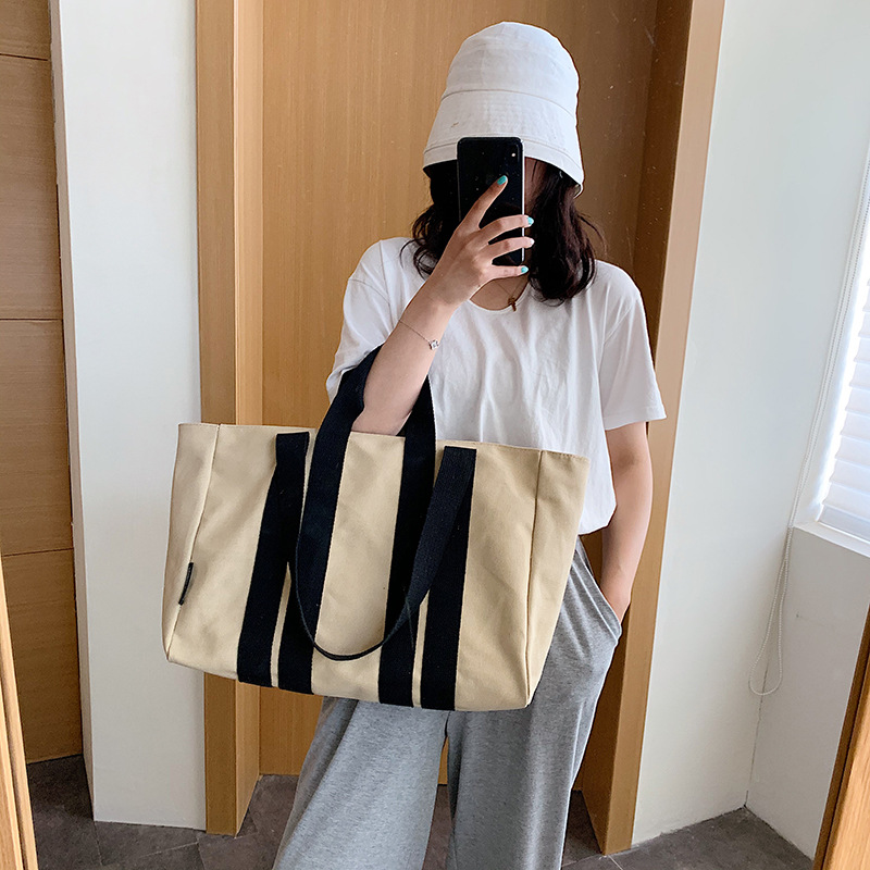 

PURFAY Capacity Canvas Women Shoulder Bag Cotton Tote Shopper Bag Leisure Style Reusable Shopping Cloth Messenger Handbag, Beige