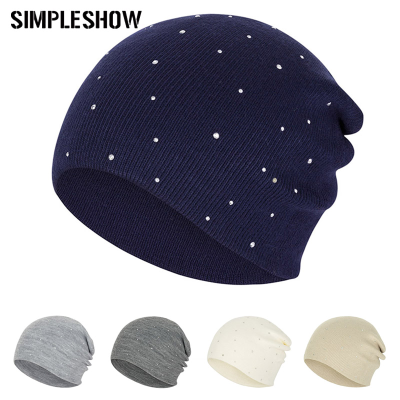 

Autumn Winter Knitted Hat Female Cap Women's Rhinestone Bonnet Cotton Blends Hat Casual Solid Skullies Beanies For Ladies