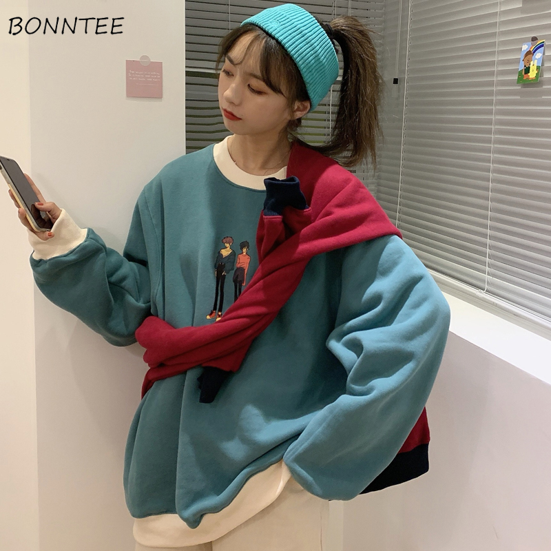

Hoodies Women Sweatshirts Thicker Velvet Warm Print O-Neck All-match New Arrivals Fashionable Korean Style Female Harajuku Daily, Green