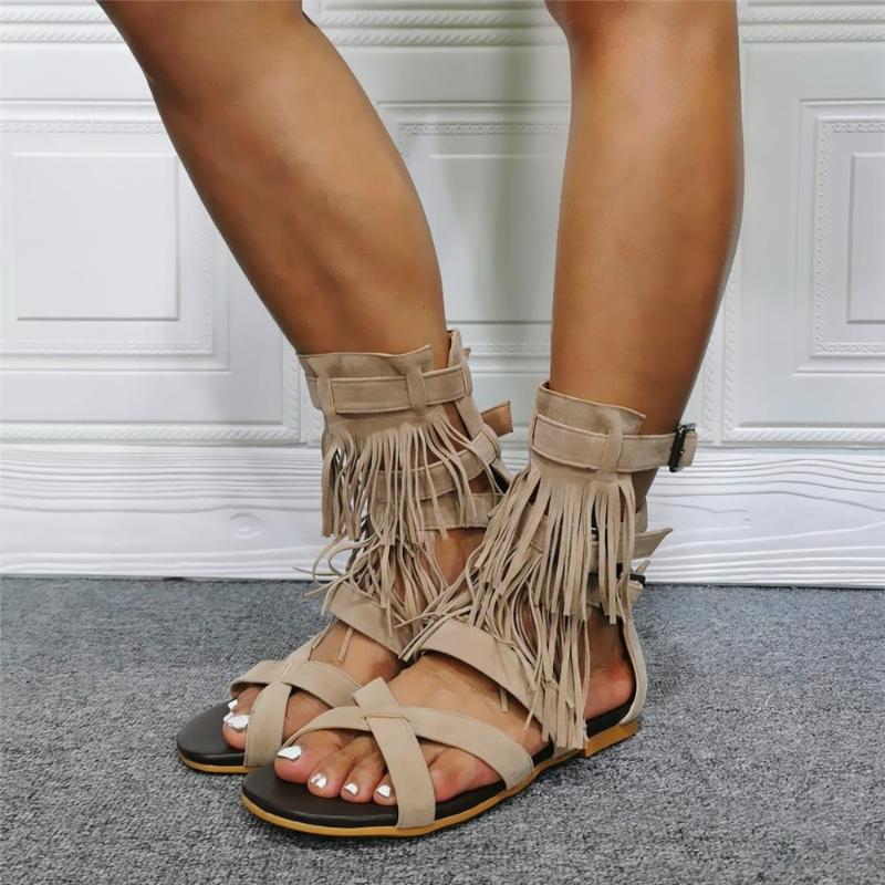 

Tassel Rome Sandals Flat With Open Toe Cut Out Ankle Buckle Shoes Summer Ladies Casual Custom Made Real Picture Ladies Shoes, Khaki