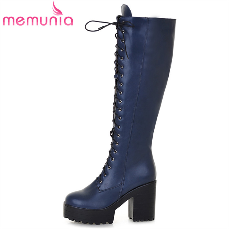 

MEMUNIA 2020 new arrival knee high boots women zip lace up autumn winter boots punk shoes woman high heels platform, Black