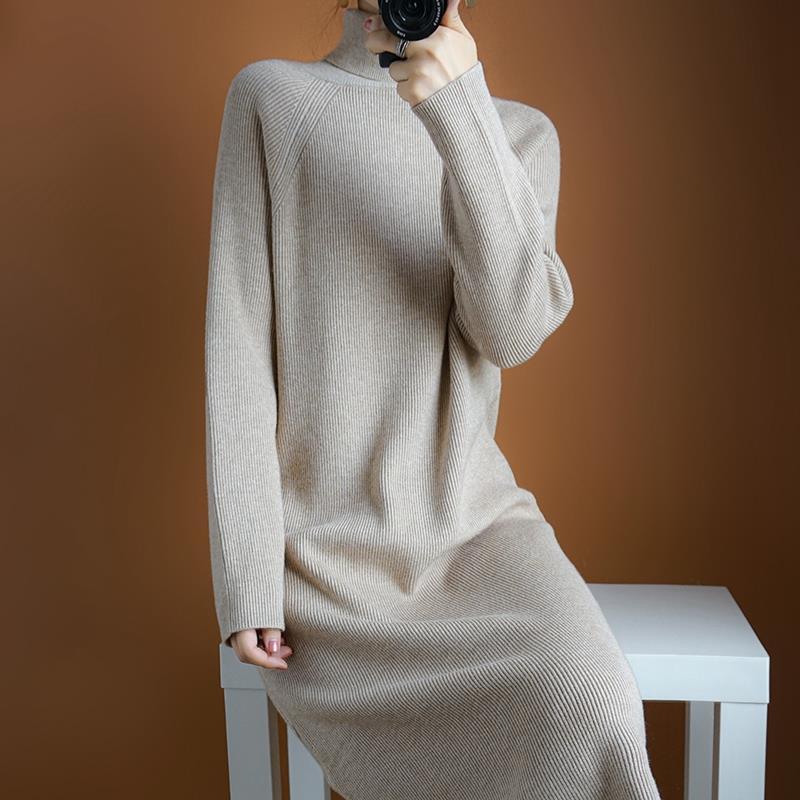 

Pure Color Turtleneck Woolen Dress Women's One-piece Dress Straight Winter Women's Fashion Oversized Long Sleeve Turtleneck, French grey