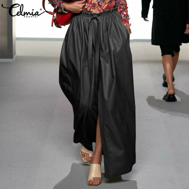 

Vintage Women' Fleece Skirt Celmia Women PU Leather Skirt Sexy Elastic High Waist Slit Maxi Long Skirts Fashion Elegant, Black