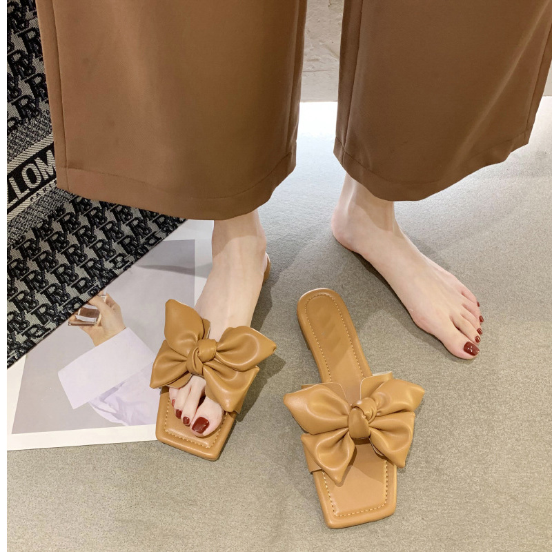 

Women Slippers Woman Square Toe Bow Sliders Fashion Women's Casual Outdoor Shoes Ladies 2020 Summer Flat Female Footwear, Black