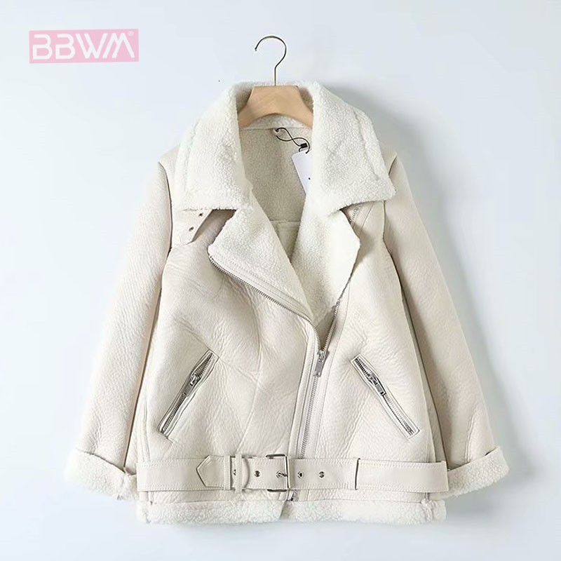 

Fur Long Sleeved Loose Belt Warm Women's Jacket Lamb Wool Winter Thickened Locomotive Lapel Female Coat Beige Black Chic PU Top