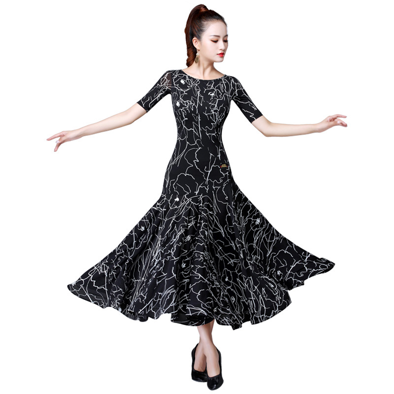 

New Modern Dress Ballroom National Standard Dance Wear Quality Costume Waltz Dancing Dresses Competition Adult Printing, Black
