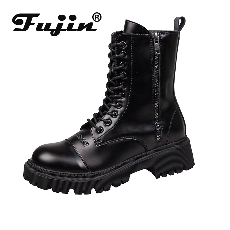 

Fujin Women's Boots High Black Soft Quality Leather Comfortable Riding Ankle Boots Motorcycle Boot Fashion Ankle for Women