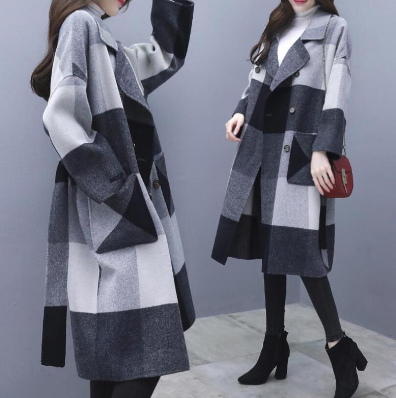 

2020 new woolen coats women high quality outwear long lapel robes casaco female elegant blend black white plaid spring overcoat, As photo 1