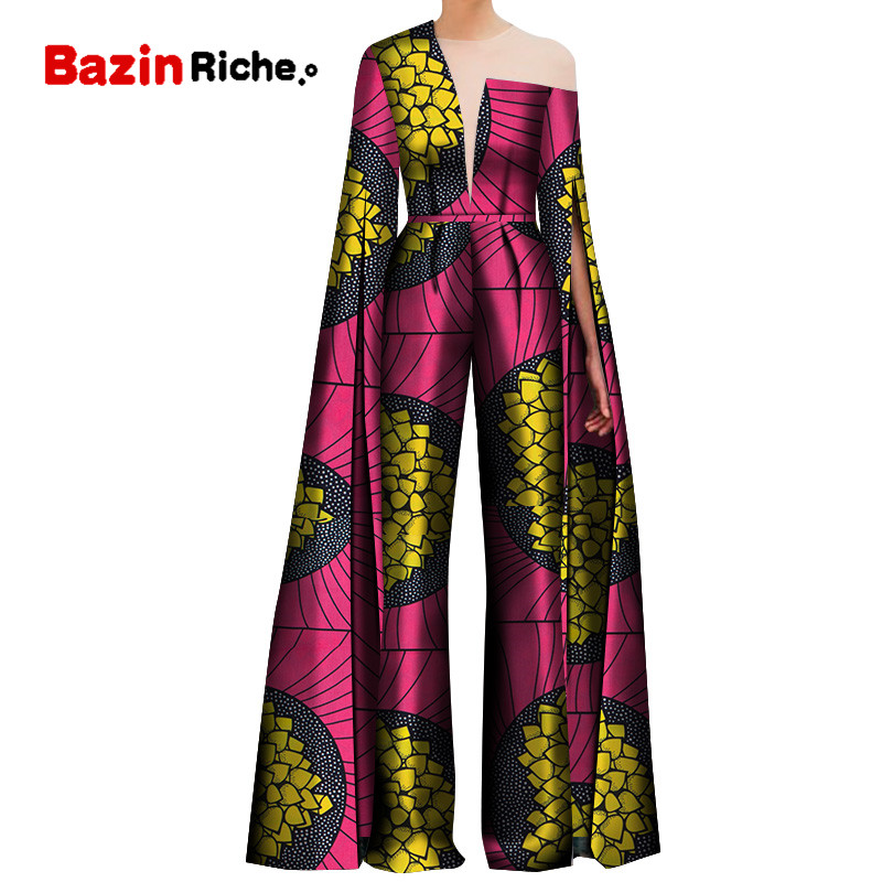 

2020 African Print Women Pant Set One Shoulder Super Long Sleeve Romper Wide Leg Pants African Ladies Jumpsuits Rompers WY5082