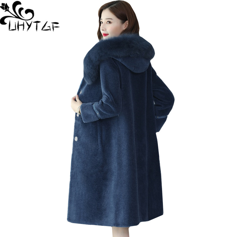 

UHYTGF Quality sheep shearing winter fur coat female fashion fur hooded temperament warm jacket women' plus size tops 1024, Dark green