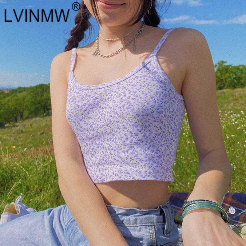 

LVINMW Sexy Floral Spaghetti Straps Slash Neck Backless Sleeveless Crop Top 2020 Summer Women Casual Cute Camisole Tops Street, Purple
