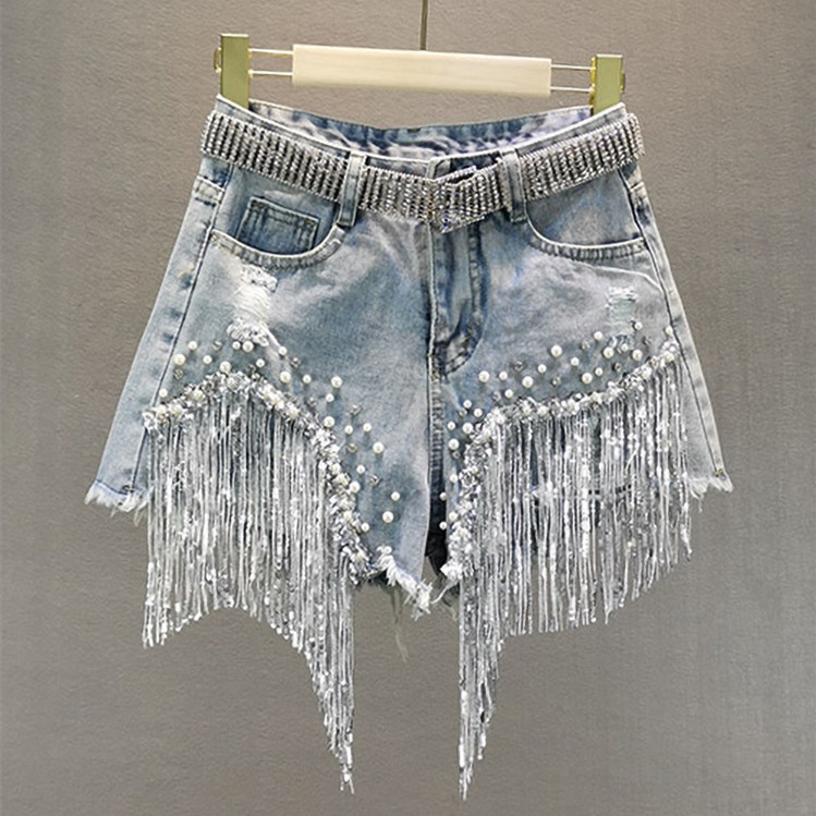 

Europe Style 2020 Summer Women' Diamond Beading Sequin Tassel Denim Shorts Jeans Fashion Girls Ladies All-match Trousers A3742, No including belt
