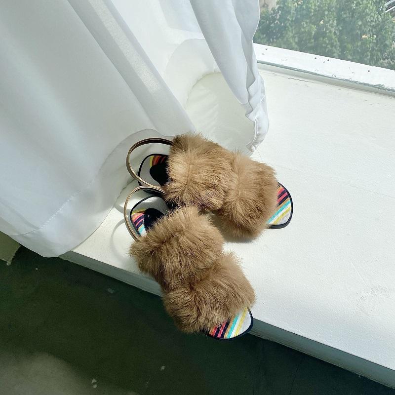 

NEW Real rabbit hair Summer Sandals Casual women shoes flat sole Buckle Easy to wear Open fingered refreshing Slipper wholesale lot, Brown