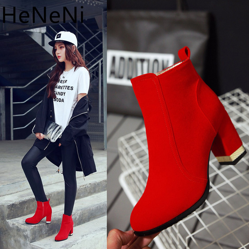 

2020 Winter New Women Ankle Boots Flock Zip Pointed Toe Footwear Thick High Heels Female Boot Shoes Women zapatos de mujer, Black