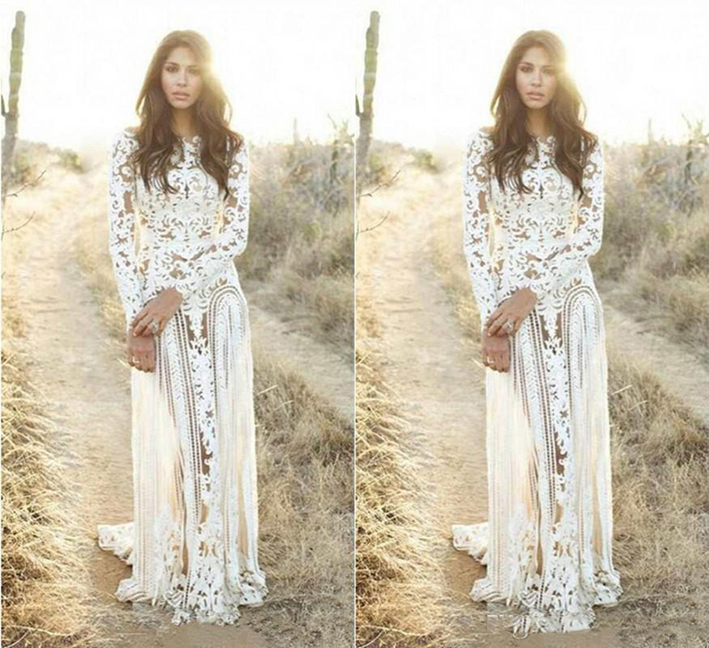 

Custom Made Romantic 2020 Boho Wedding Dresses with Jewel Neck Lace Long Sleeves Sweep Spring Bridal Wedding Gowns, Dark green