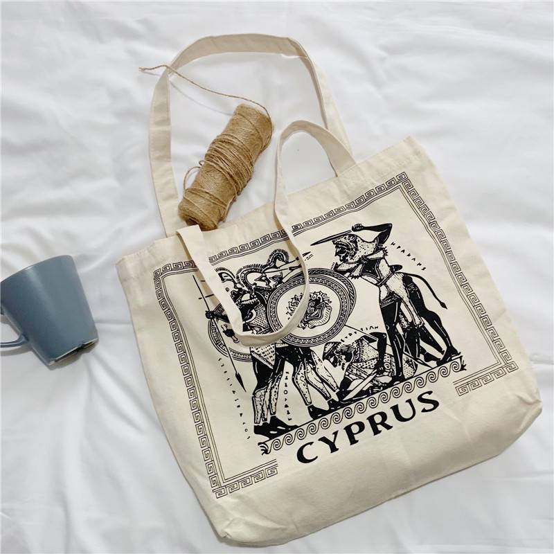 

Women Canvas Shoulder Bag Greek illustration Cyprus Female Vintage Cotton Cloth Handbag Totes Eco Simple Shopping Bag For #20, Cyprus beige