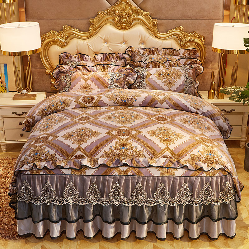 

Fleece Velvet Ultra Soft Warm Luxury Winter Bedding set Vintage Chic Lace Ruffles Duvet Cover with Zipper Bedskirt Pillowcase, Color 13