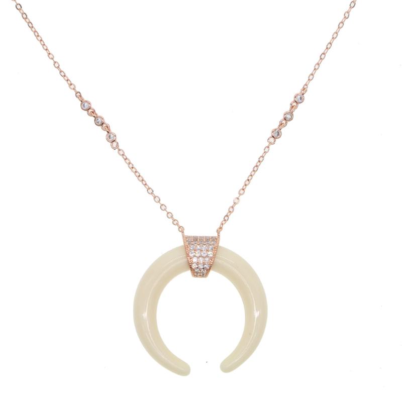 

rose gold silver color double horn charm pendant cz link chain fashion crescent moon white/blue big horn stone necklace 2020