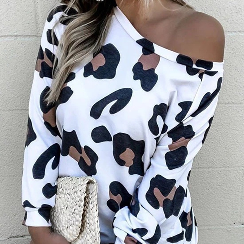 

Fashion Women Leopard Print Pattern Slash Neck Long Sleeve Top Graphic Tees Women Harajuku, Pic