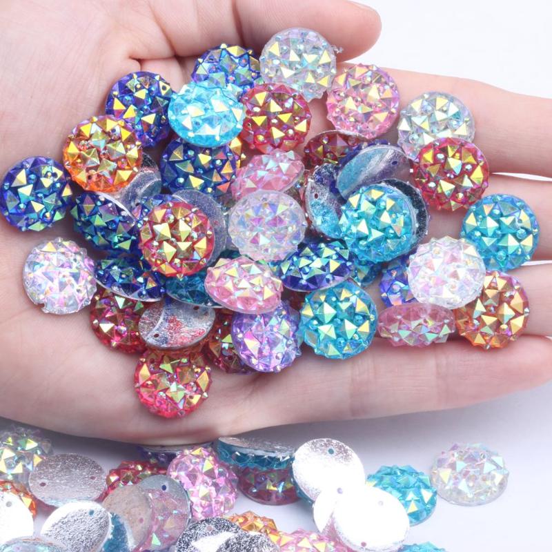 

Resin Flatback Rhinestone 14mm 40pcs AB Colors With 2 Holes DIY Crafts Jewelry Making Sew On Wedding Garment Shoes Decorations