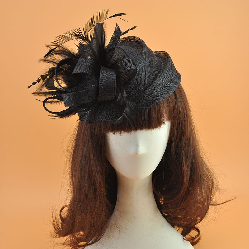 

Birde hat Vintage Bridal Flax Feather Beret Hats Elegant Wedding Accessories Black Fascinator Hats Women's Formal Occasion